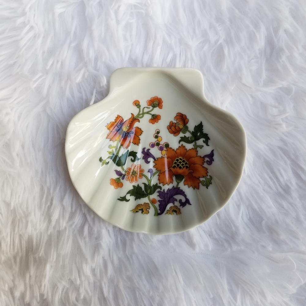 Vintage Floral Seashell Porcelain Jewelry Dish